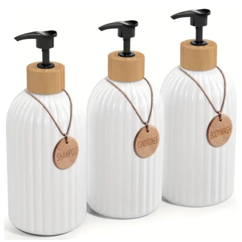 Weißer Handseifenspender für Badezimmer, 3 Stück à 500 ml, Set mit Seifenspender für Küchenspüle, mit Bambuspumpe, aus Holz Weißer Handseifenspender für Badezimmer, 3 Stück à 500 ml, Set mit Seifenspender für Küchenspüle, mit Bambuspumpe, aus Holz von monTTese