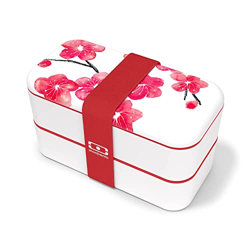 monbento - MB Original Graphic Blossom rot/rosa/weiß Bento Box Made in France - Brotdose mit 2 Fächer - Lunch Box perfekt für Büro/MEA von monbento
