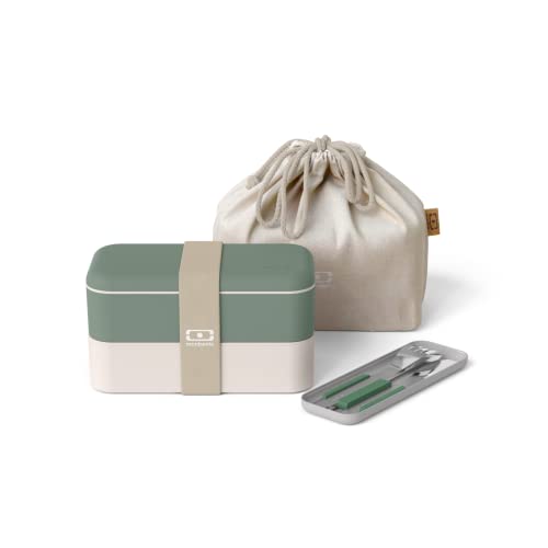 monbento - Natural Lunchbox Set - Mit Bento Box MB Original mit Fächern Made in France, Besteck-Set MB Slim Box, Bento Tasche MB Pochette M Cream - BPA Frei - Lebensmittelecht - Grün von monbento