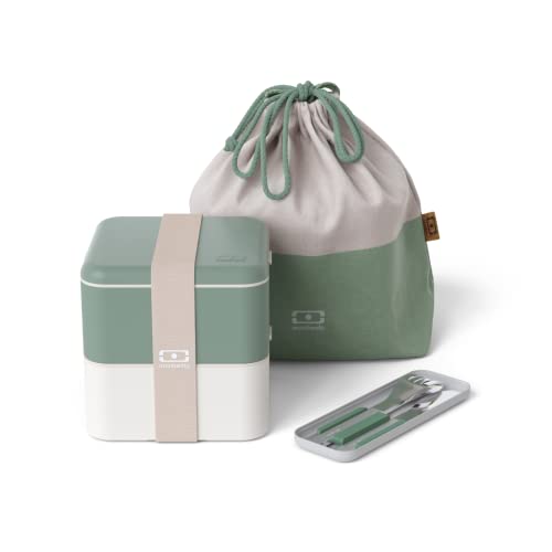 monbento - Natural Lunchbox Set - Mit Bento Box MB Square mit Fächern Made in France, Besteck-Set MB Slim Box, Bento Tasche MB Pochette L - BPA Frei - Lebensmittelecht - Grün von monbento