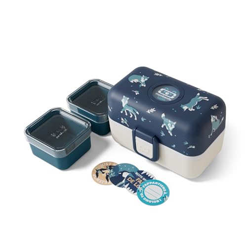 monbento - Snackbox Kinder Tresor blau Wolf - 3-fach Brotdose - Ideal für Schule/Picknick - BPA-frei - Mikrowellengeeignet - Personalisierbar von monbento