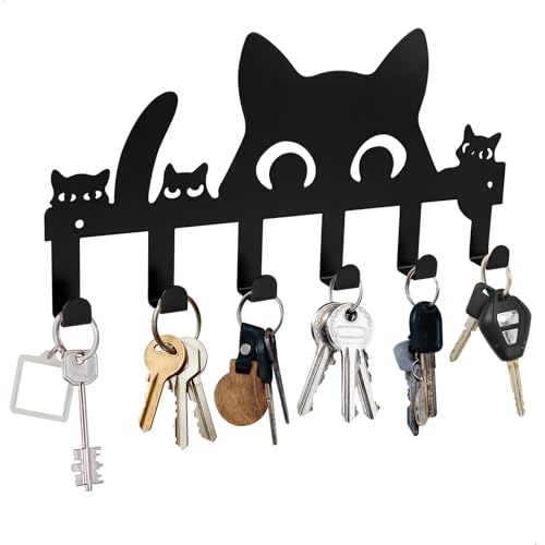 mongtsamz Schlüsselablage Katze mit 6 Haken, Schlüsselhaken Selbstklebend, Tiere Schlüsselbrett Wand, Eisenkunst Schlüsselhalter Wanddeko Geeignet für Deko Flursch Wohnung(Schwarz, 27 * 13.4cm) von mongtsamz