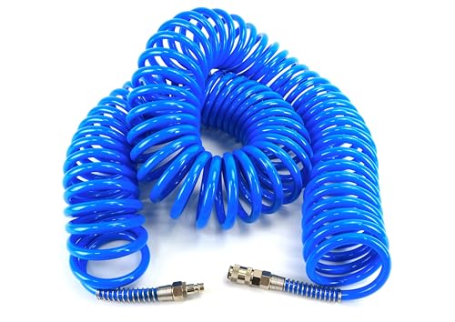 20 m Spiral-Druckluftschlauch aus robusten Materialien, ideal für Druckluftwerkzeuge und Kompressoren. von monkey ladder