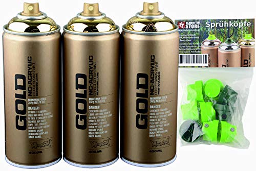 Montana Spraydosen 3 x 400 ml Gold-Chrom-Effekt Farb Spray glanz M3000 + Ersatzsprühköpfe, hoch deckend, sehr ergiebig von Montana