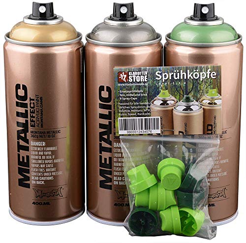 Montana Gold Metallic Effect Spray Antrazitgrau Avocadogrün 3x400ml Sprayfarben für Hobby Handwerk und Dekoration KFZ + Ersatzsprühköpfe von Montana