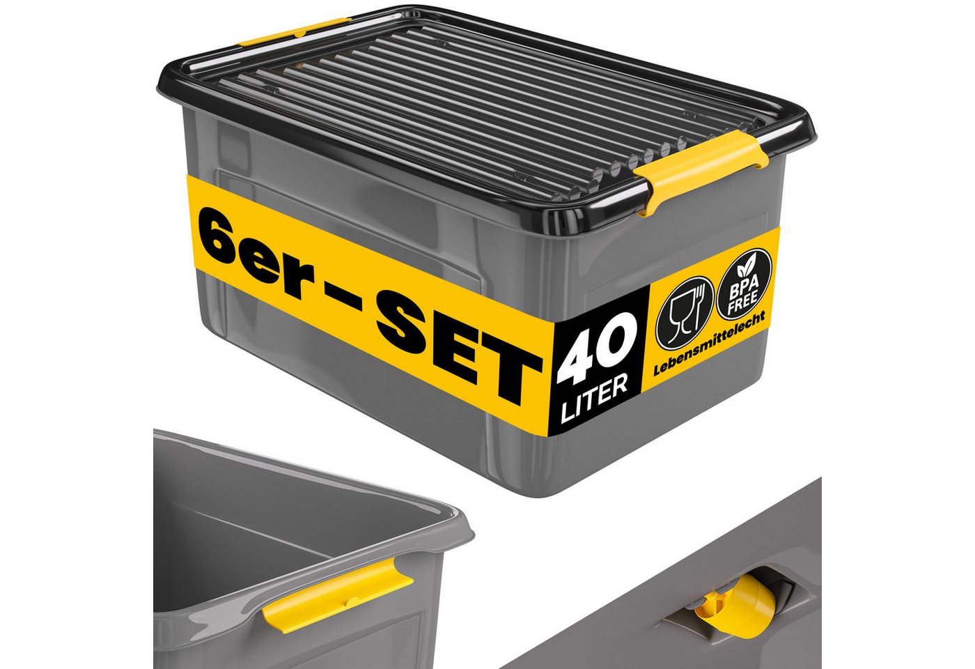 monzana Aufbewahrungsbox (6 St), 6x 40L Deckel 40kg belastbar stapelbar stabil BPA frei Kunststoffbox von monzana