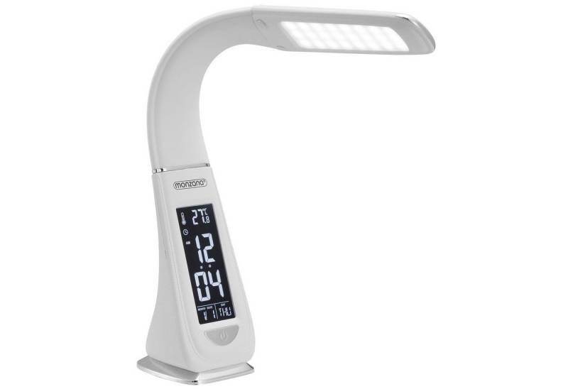 monzana Schreibtischlampe Lilly, Weiß, LED, neutralweiß, LED Schreibtischlampe mit Display Kalender Uhr Wecker Thermometer von monzana