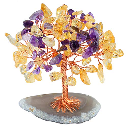 mookaitedecor Naturstein Kristall Baum mit Achat Scheibe Basis, Bonsai Geld Baum Dekoration für Reichtum Glück Gesundheit von mookaitedecor
