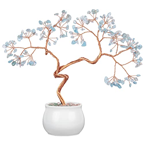 mookaitedecor 8-9.5" Kristall geldbaum mit Keramiksockel Bonsai Feng Shui Figur Kristall Baum Dekoration für Büro Heim deko, Aquamarin Stein von mookaitedecor