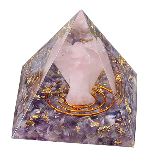 mookaitedecor Amethyst Kristall Pyramide mit Rosenquarz Schutzengel, Positive Energiepyramide für Büro Haus Dekoration/Meditation/Yoga/Heilchakra/Wohnkultur von mookaitedecor