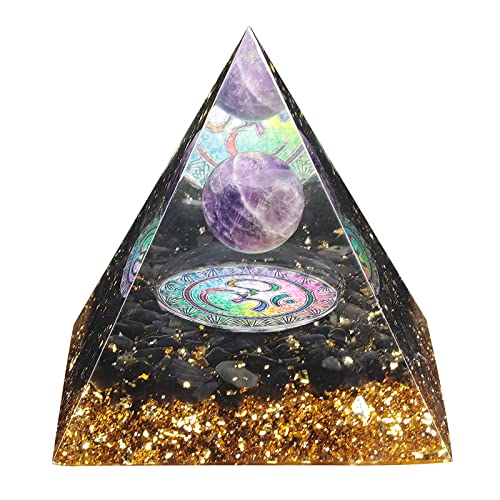 mookaitedecor Amethyst Stein Kristall Pyramide mit Obsidian Trommelsteinen Kristall Kugel und Chakra Symbol, Energie Generator für Schutz Reiki Heilung Meditation Büro Heim Deko von mookaitedecor