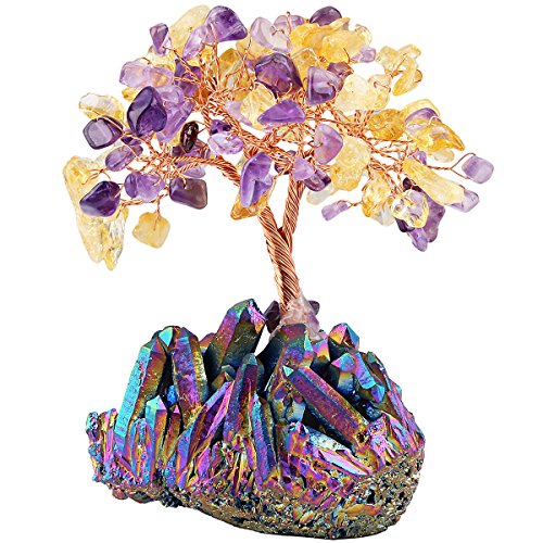 mookaitedecor Amethyst & Citrin Kristallbaum mit elektroplattiertem Buntem Quarz als Basis und bewickeln mit Kupferdraht, schönes Symbol für Reichtum und Glück, Geschenk für Familie Büro Dekoration von mookaitedecor