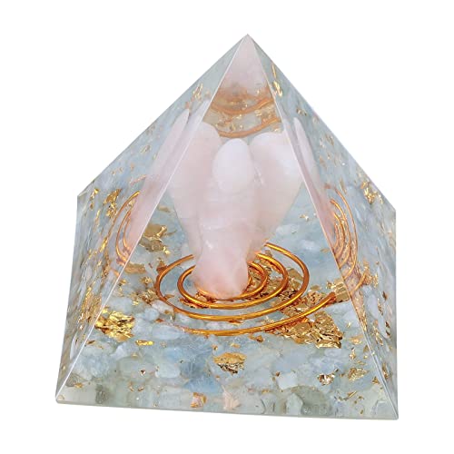 mookaitedecor Aquamarin Stein Pyramide mit Rosenquarz Schutzengel, Positive Energiepyramide für Büro Haus Dekoration/Meditation/Yoga/Heilchakra/Wohnkultur von mookaitedecor