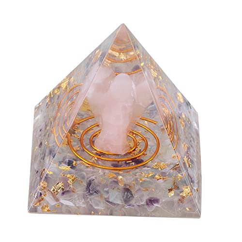 mookaitedecor Fluorit Stein Pyramide mit Rosenquarz Schutzengel, Positive Energiepyramide für Büro Haus Dekoration/Meditation/Yoga/Heilchakra/Wohnkultur von mookaitedecor