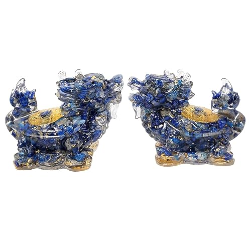 mookaitedecor Lapislazuli Crystal Dragon Turtle Figur Harz Drache Schildkröte Tiere Feng Shui Stein Statue für Home Office Decor sammelbar Ornament, Packung mit 2 von mookaitedecor