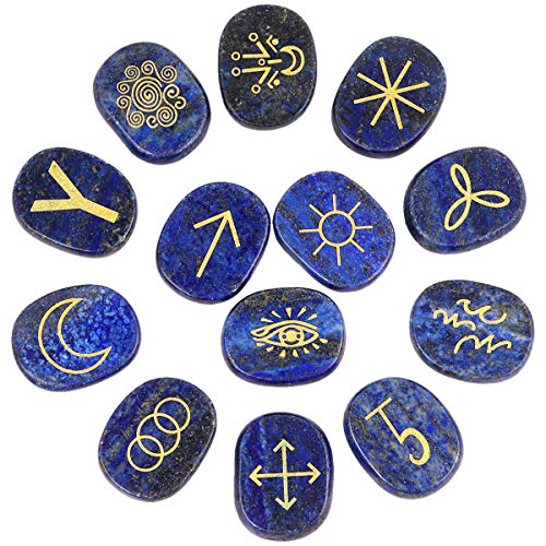 mookaitedecor Lapislazuli Hexen Runen 13er Set Heilkristall Stein mit Gravur Gypsy Symbol für Meditation Wahrsagung von mookaitedecor