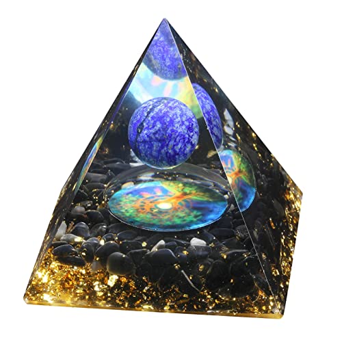 mookaitedecor Lapislazuli Stein Kristall Pyramide mit Obsidian Trommelsteinen Kristall Kugel und Baum des Lebens Symbol, Chakra Energie Generator für Schutz Reiki Heilung Meditation Büro Heim Deko von mookaitedecor