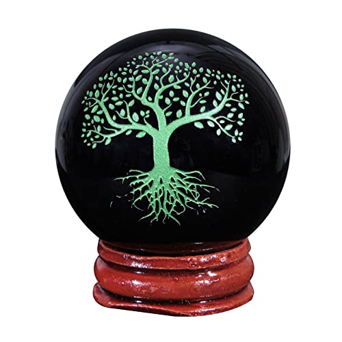 mookaitedecor Natürliche Schwarze Obsidian Kristallkugel Graviert Grüner Lebensbaum Polierte Steinskulptur Kugel Figur mit Ständer für Feng Shui Heimdekoration von mookaitedecor