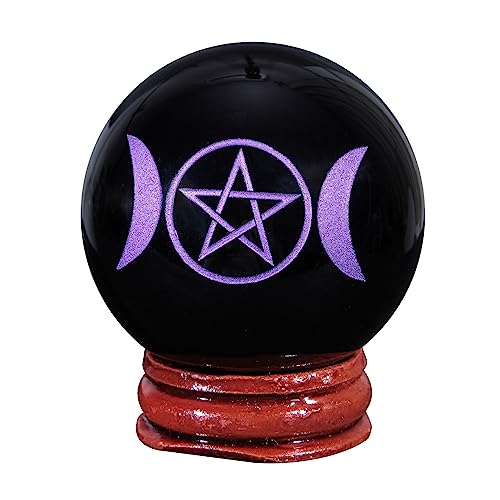 mookaitedecor Natürliche Schwarze Obsidian Kristallkugel Graviert Lila Dreifach-Mond & Pentagramm Polierte Stein Kugel Skulptur Figur mit Ständer für Feng Shui Home Decoration von mookaitedecor