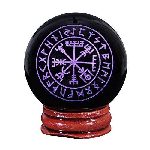 mookaitedecor Natürliche Schwarze Obsidian Kristallkugel Gravierte Lila Rune Polierte Stein Kugel Skulptur Figur mit Ständer für Feng Shui Home Decoration von mookaitedecor