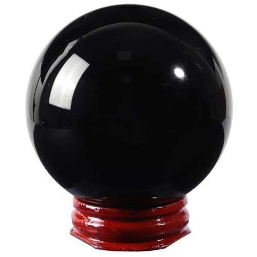 mookaitedecor Natürliche Schwarze Obsidian-Kristallkugeln mit Holzständer, 55-60 mm Dekorative Runde Stein Kugel Skulptur Figur für Witchcraft Feng Shui Weissagung, Heimdekoration von mookaitedecor