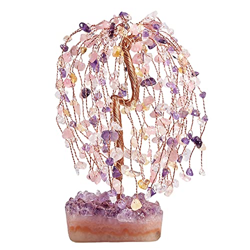 mookaitedecor Natürlicher Amethyst & Citrin & Rosenquarz & Bergkristall-Baum mit Amethyst-Cluster-Kristall-Basis, Feng Shui Bonsai-Geld-Baum-Figur für Haus Büro Desktop-Dekoration 14-17cm hoch von mookaitedecor