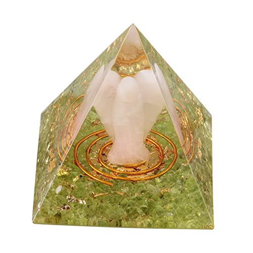 mookaitedecor Olivin Stein Pyramide mit Rosenquarz Schutzengel, Positive Energiepyramide für Büro Haus Dekoration/Meditation/Yoga/Heilchakra/Wohnkultur von mookaitedecor