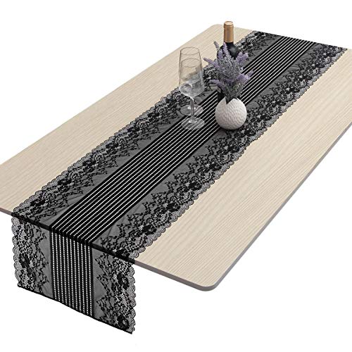 mookaitedecor Rechteckiger Tischläufer Schwarz Spitze mit Stickmuster, Tischläufer Modern für Hochzeit Party Geburtstag Tischdeko, 177 x 39 cm von mookaitedecor
