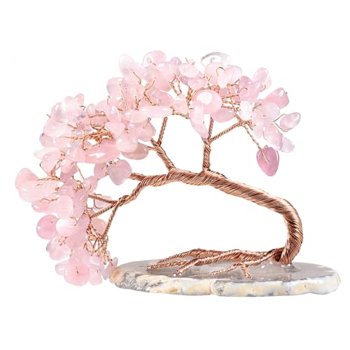 mookaitedecor Rosenquarz Kristallbaum mit Achat Scheiben Basis, Feng Shui Edelstein Baum Heilkristalle Lebensbaum Deko Spirituelle Geschenke, 7.6-10.2 cm Hoch von mookaitedecor