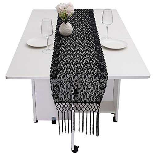 mookaitedecor Spitze Tischläufer für Zuhause Couchtisch, Fransen Rustikale Boho Hochzeit Party Dekoration 34x155 cm Schwarz von mookaitedecor