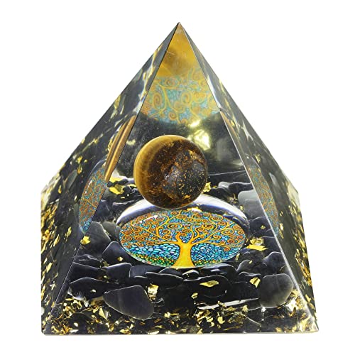 mookaitedecor Tigerauge Stein Kristall Pyramide mit Obsidian Trommelsteinen Kristall Kugel und Baum des Lebens Symbol, Chakra Energie Generator für Schutz Reiki Heilung Meditation Büro Heim Deko von mookaitedecor