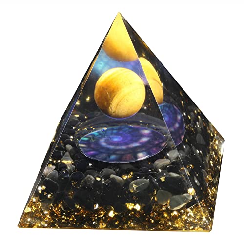 mookaitedecor Tigerauge Stein Kristall Pyramide mit Obsidian Trommelsteinen Kristall Kugel und Schnecke Symbol, Chakra Energie Generator für Schutz Reiki Heilung Meditation Büro Heim Deko von mookaitedecor