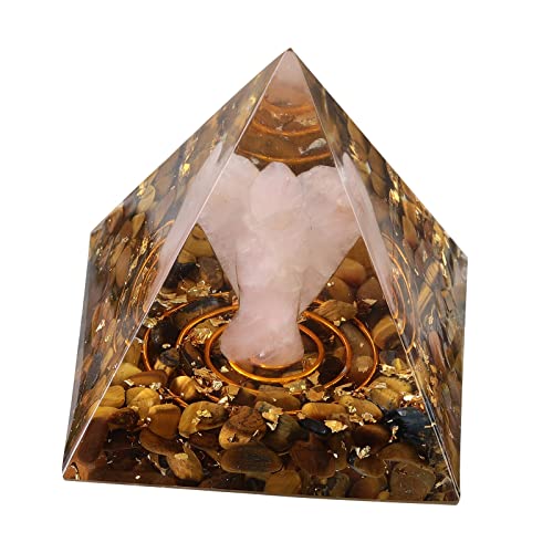 mookaitedecor Tigerauge Stein Pyramide mit Rosenquarz Schutzengel, Positive Energiepyramide für Büro Haus Dekoration/Meditation/Yoga/Heilchakra/Wohnkultur von mookaitedecor