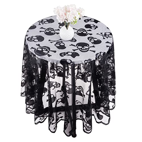 mookaitedeocr 69 Inches Polyester Spitze Tischdecke Runde Schwarz Totenkopf Tischwäsche Fledermaus Schädel Tischtuch für Dinner Halloween Parteien Gothic Tisch deko von mookaitedecor