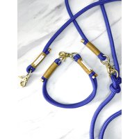 Blaues Halsband/Leine Set „Zeal" Blau Mit Gold Leder Umwickelung Und Karabiner - Verschiedene Größen von moonandneck