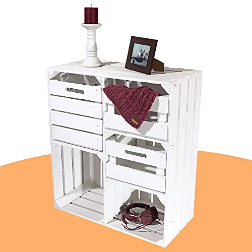 Weißer Holzschrank mit 3 Schubladen 77cm x 68cm x 35cm Regalsystem Vintage Massive Obstkisten Weinkisten Landhausmöbel Bücherregal Schuhregal Regalkisten von Moooble