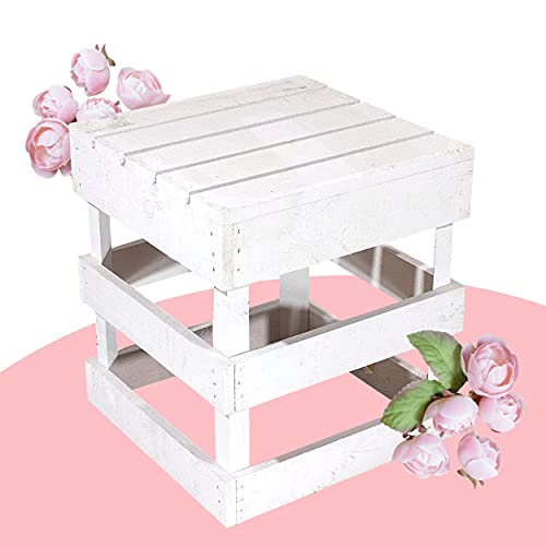 Moooble Weißer Hocker aus Holz 42cm x 42cm x 45cm Sitzgelegenheit weiß Obstkisten Stuhl Shabby chic Weinkiste aus dem Alten Land Vintage Gartenmöbel Tisch Natur DIY von Moooble