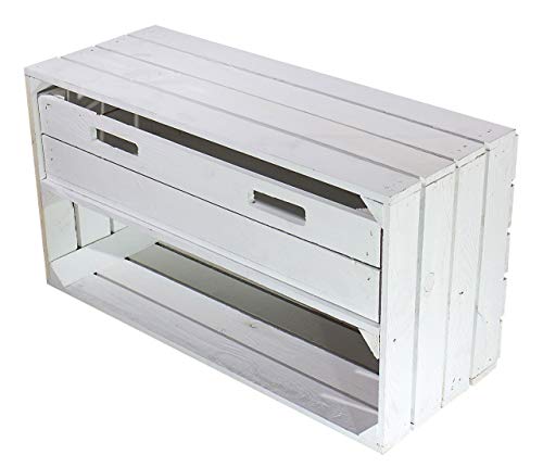 moooble 2 breite weiße Obstkisten mit Schublade 68cm x 40cm x 31cm Nachttisch Ablage Apfelkiste Weinkisten Weiss Lagerung mit Schubladen Vintagestyle Landhaus Box Holz Regal von Moooble