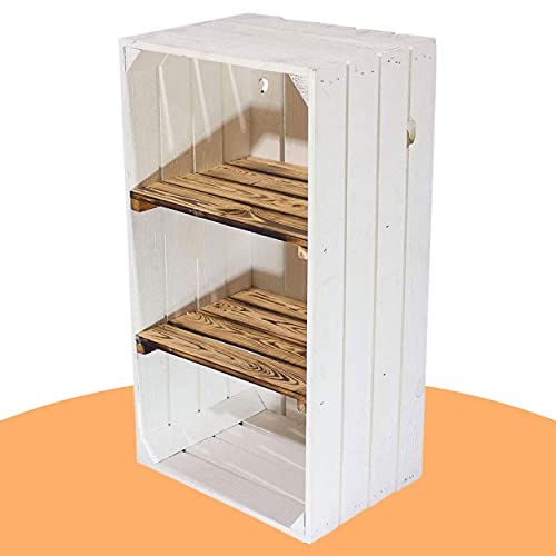 moooble Weiße Holzkiste mit 2 geflammten Mittelbrettern 68cm x 40cm x 31cm Zwischenbretter flambiert Obstkiste Weinkiste Klassisch Schuhregal Bücherregal Kistenregal Einlegeböden von UNUS