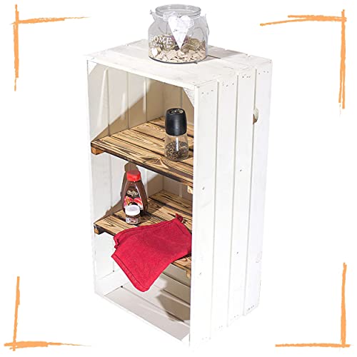 Moooble 2er Set Weiße Regalkiste mit 2 geflammten Mittelbrettern 68cm x 40cm x 31cm Zwischenbretter flambiert Obstkiste Weinkiste Klassisch Schuhregal Bücherregal Kistenregal Einlegeböden von Moooble
