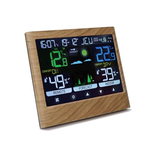 mooov 477534 Wetterstation für den Innenbereich mit Außensensor – Temperatur, Luftfeuchtigkeit, Mondphasen, Meteo-Vorhersage – Weckfunktion – Holzoptik – Braun von mooov