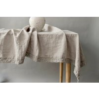 Linen Tablecloth With Lace. Round, Square, Rectangular Table Linens. Farmhouse Table Cloth, Rustic Table, Country Tablecloth, Natural Linen von mooshop