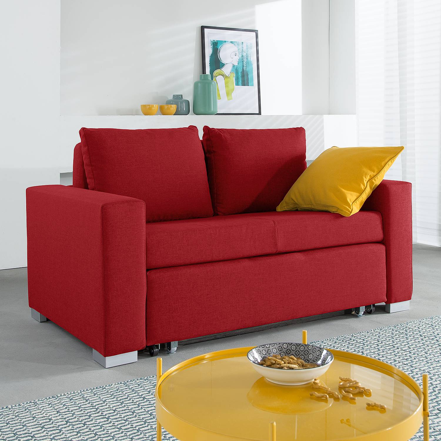 mooved Schlafsofa Latina 2-Sitzer Rot Webstoff 150x90x90 cm (BxHxT) mit Schlaffunktion/Bettkasten Modern von mooved