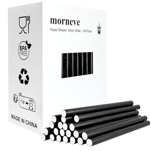 Bubble Tea Strohhalme Papier Boba Strohhalm 12mm Extra Breit für Popping Boba Fruchtperlen Smoothies Milchshake Jumbo Tapioka Perlen Slushies Einweg Trinkhalme BPA-frei, Schwarz 100 Stück von morneve