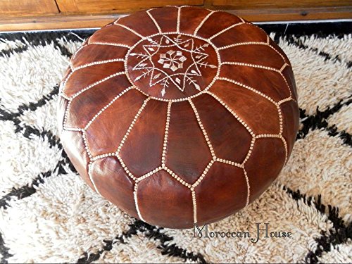 Marokkanischer Pouf | Wunderschöner handgefertigter Fußhocker-Bezug aus echtem Leder aus Marokko | Dunkelbraun mit weißer Naht | wird unbefüllt geliefert (Tabakbraun) von moroccan poufs