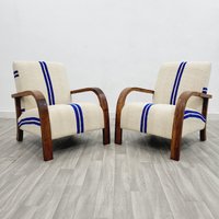 Einzigartiges 2Er Set Mid Century Sessel - Retro Lounge Sessel Relax Stuhl Im Vintage Stil Handgefertigtes Nussbaumholz Und Kelim von moroccanhomeliving