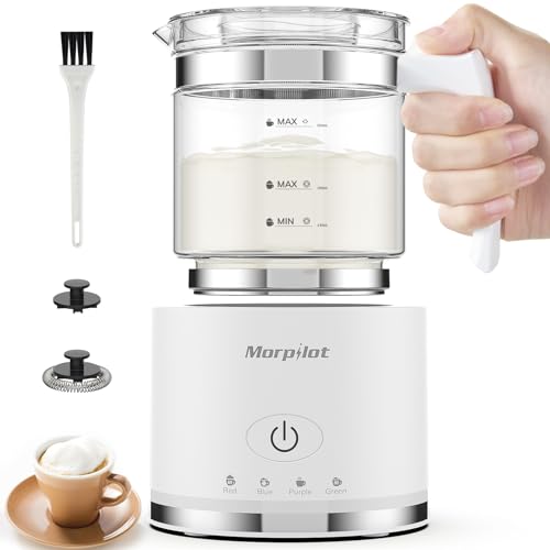 Morpilot Milchaufschäumer Elektrisch, 130-500ml 600W, 4 in 1 Milchschäumer für Heißer und Kalter, Spülmaschinenfest, Visuelles Glas, Latte-Design, Weiß von morpilot