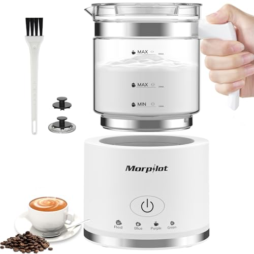 Morpilot Milchaufschäumer Elektrisch, 500ml 600W, 4 in 1 Milchschäumer für Heißer und Kalter, Spülmaschinenfest, Visuelles Glas, Latte-Design, Weiß von morpilot