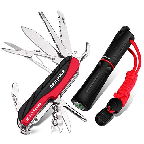 Morpilot Schweizer Messer, 15 in 1 Multi Tools aus Edelstahl, Schweizer Taschenmesser, 4 in 1 Feuerstein, mit Schraubendreher, Pfeife, Säge und Compassrstein von morpilot