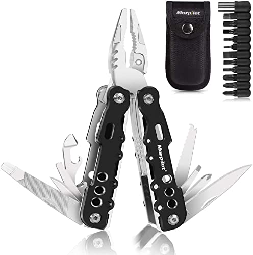 morpilot Multitool Werkzeug, 25 in 1 Faltbares Edelstahl Multifunktionale Zange, Multiwekzeug, Multi-Tool als Schneider, Flaschenöffner und Karabiner, mit 11 Schraubendreher Bits und Gurtcliptasche von morpilot